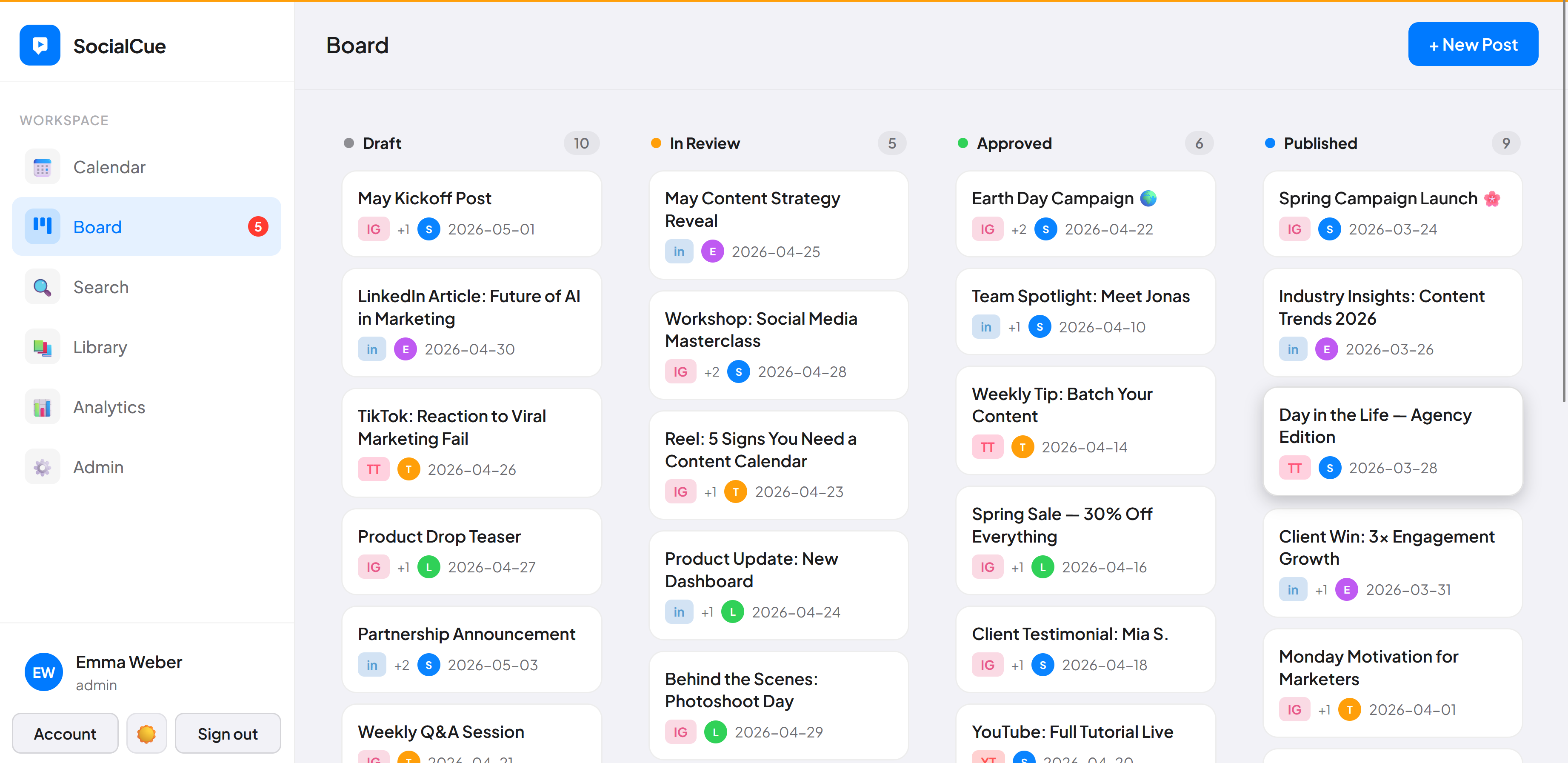 SocialCue kanban board